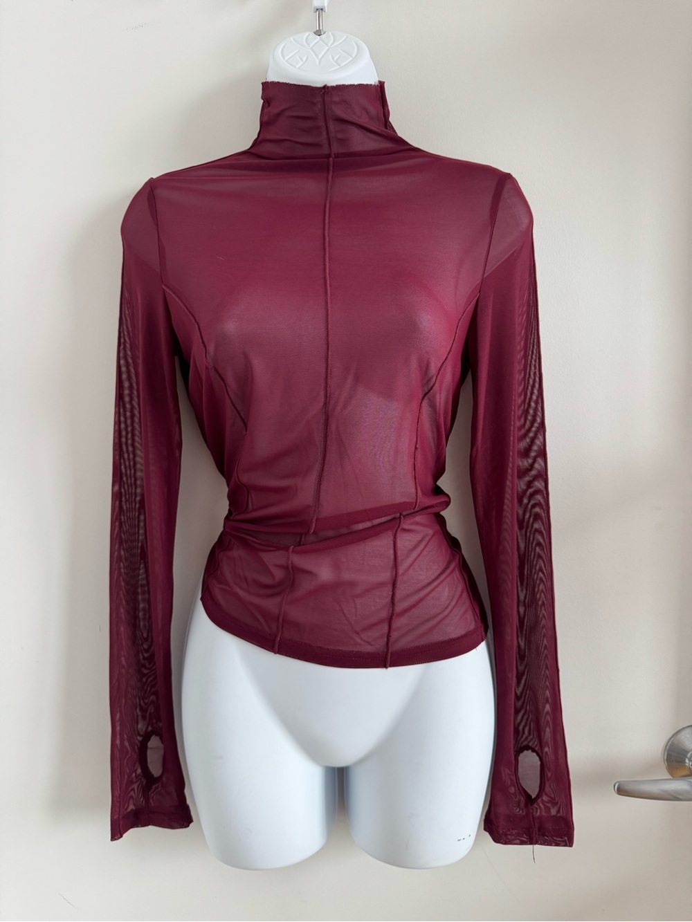 Fashion Nova Burgundy Mesh Long-Sleeve Turtleneck Top
